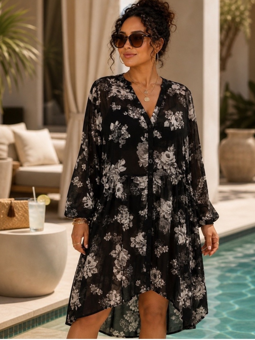 torrid Black and White Floral Chiffon Sheer High Low Coverup Tunic Duster